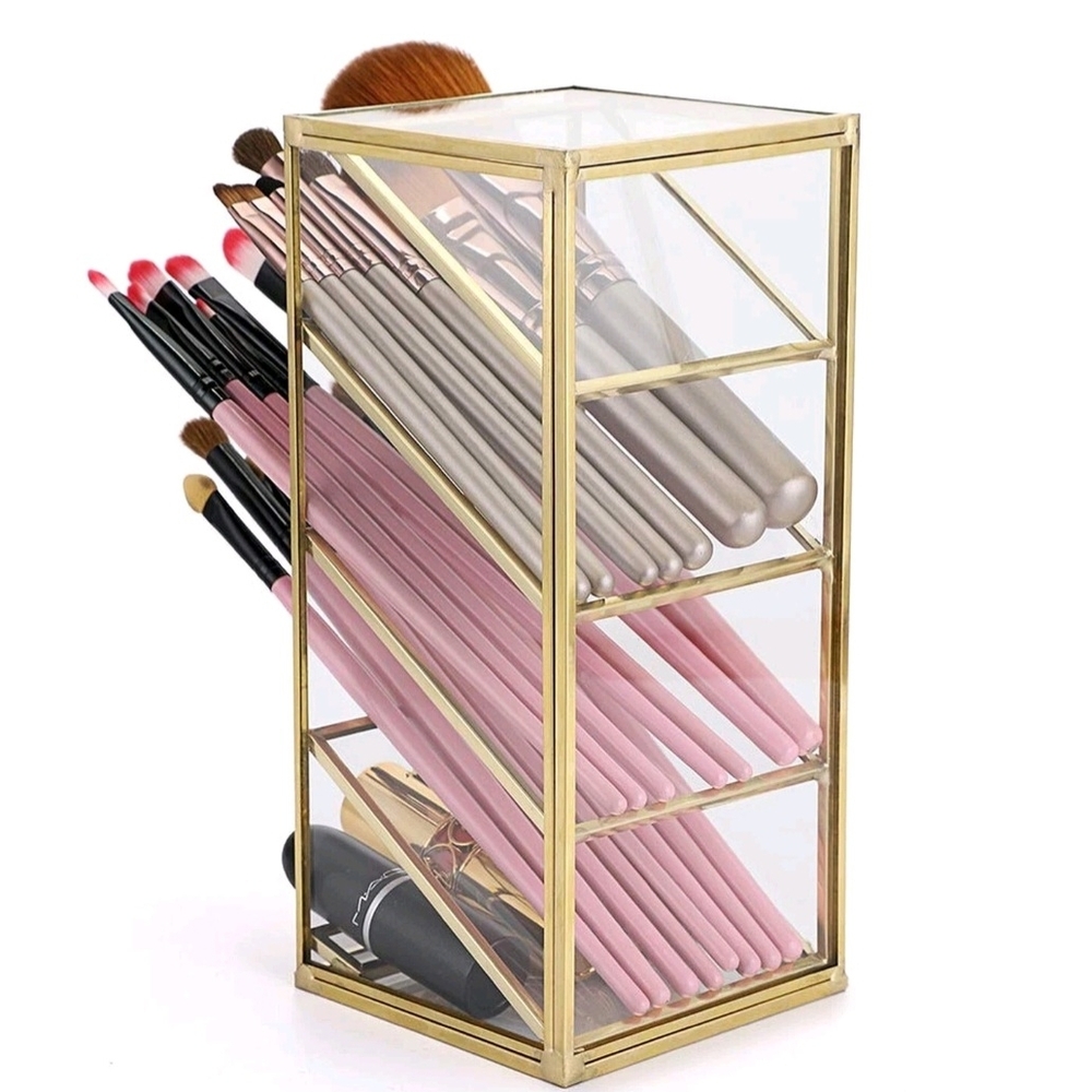 Hipiwe Vintage Gold Metal Desk Organizer - Glass Make up Brushes lipstick Hol... - Picture 4 of 12